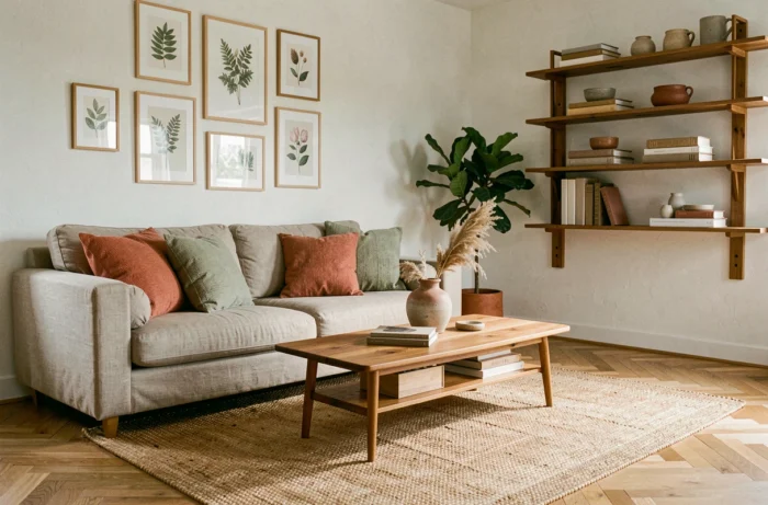 Salon scandinave décoré avec des coussins en lin, un vase en céramique avec herbes de la pampa et une étagère en bois avec objets artisanaux