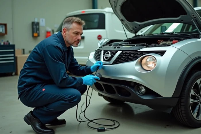Mécanicien branchant un scanner OBD2 sur une Nissan Juke pour diagnostiquer les voyants moteur et ESP