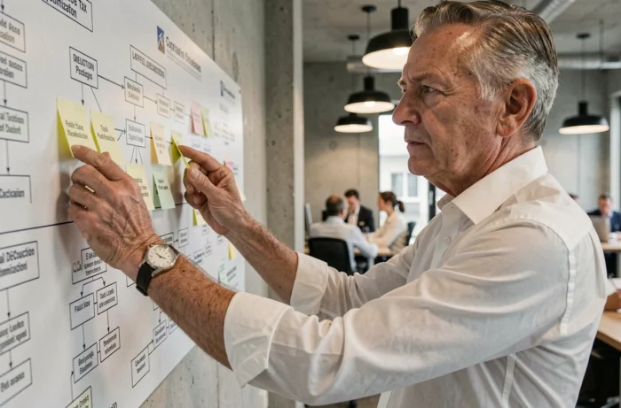 Directeur financier organisant un plan d'optimisation fiscale d'entreprise sur un tableau de stratégies fiscales en bureau moderne