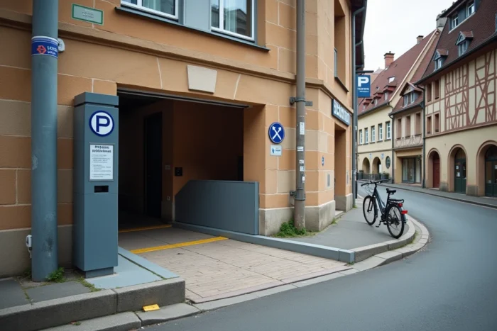 Entrée du parking Place Rapp à Colmar avec panneau d'abonnement et architecture alsacienne en arrière-plan