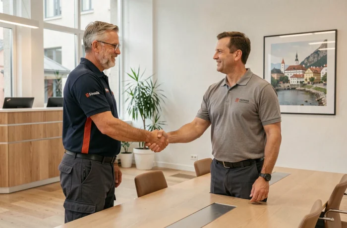 Candidat technicien serrant la main d'un recruteur lors d'un entretien d'embauche dans un bureau moderne en Suisse