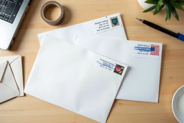 Vue de dessus de plusieurs enveloppes avec adresses barrées et réécrites selon différentes méthodes de réexpédition