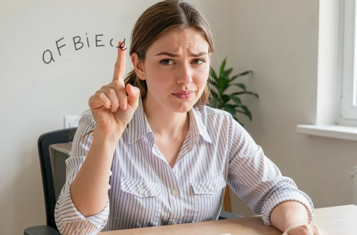 Jeune femme épelant son prénom à l'envers avec concentration amusée