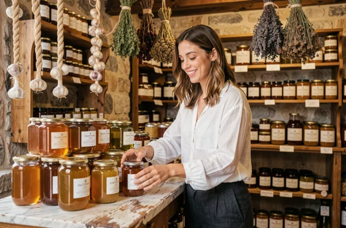 Jeune femme arrangeant des produits locaux grecs dans une épicerie artisanale près de Corinthe