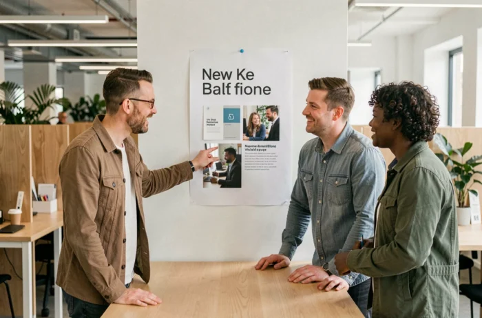 Équipe professionnelle discutant du changement de nom d'une plateforme numérique autour d'une affiche de nouvelle identité de marque