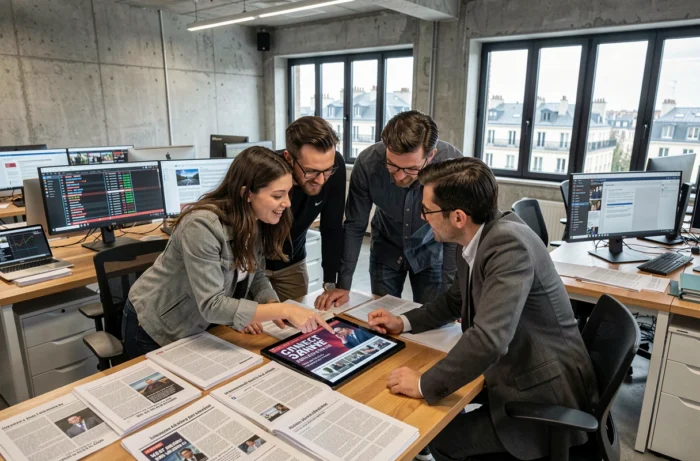 Équipe de journalistes dans une salle de rédaction moderne consultant les dernières actualités françaises
