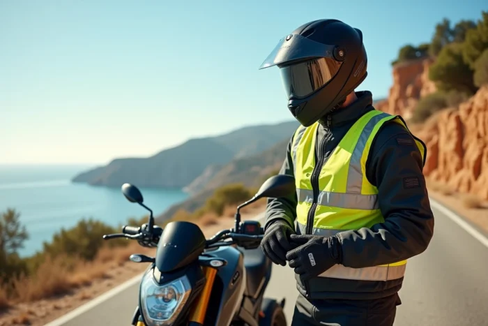 Motard équipé de manière réglementaire en Espagne avec casque homologué, gilet réfléchissant et gants de protection, posé devant sa moto sur une route côtière méditerranéenne