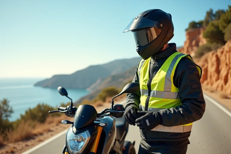 Motard équipé de manière réglementaire en Espagne avec casque homologué, gilet réfléchissant et gants de protection, posé devant sa moto sur une route côtière méditerranéenne