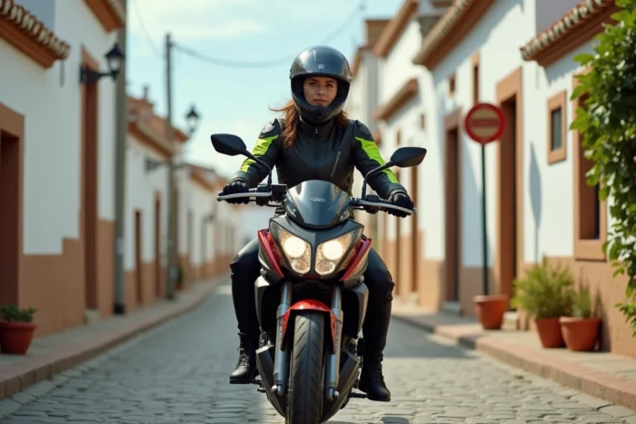 Motarde portant un équipement homologué complet incluant casque modulable, veste haute visibilité et bottes de protection, arrêtée dans un village andalou typique en Espagne