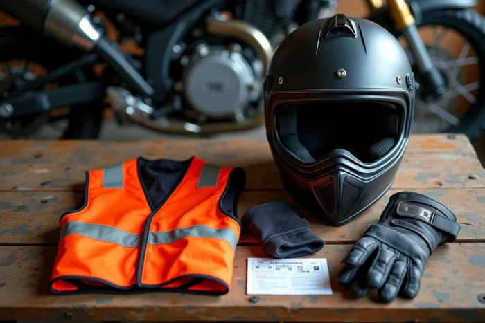 Vue à plat de l'équipement moto obligatoire en Espagne incluant casque homologué, gants CE, gilet réfléchissant et bottes de protection disposés sur un établi d'atelier