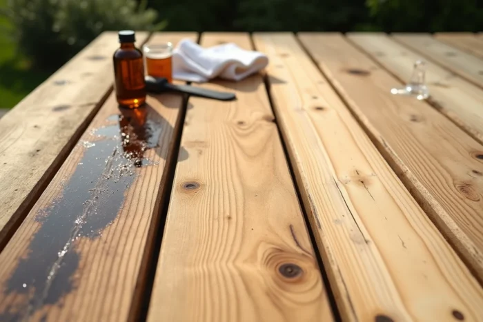 Vue rapprochée d'une terrasse en pin montrant les étapes de nettoyage de la résine avec les outils nécessaires disposés à côté