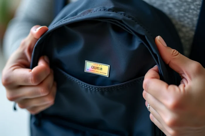 Gros plan sur une étiquette holographique anti-contrefaçon sur un sac Eastpak récent