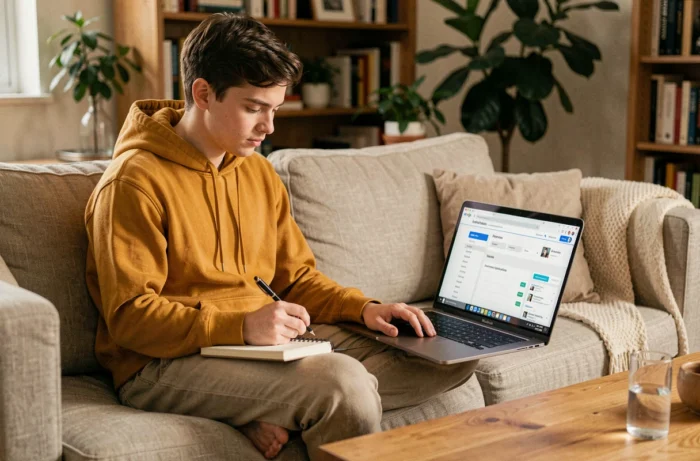 Jeune personne étudiant la structure de navigation d'un site web depuis un canapé confortable