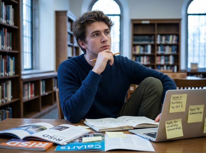 Étudiant en art planifiant son orientation professionnelle après le baccalauréat dans une bibliothèque universitaire