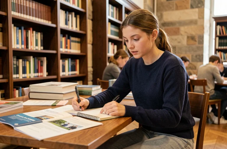 Étudiante consultant des brochures de formation dans une bibliothèque universitaire suisse