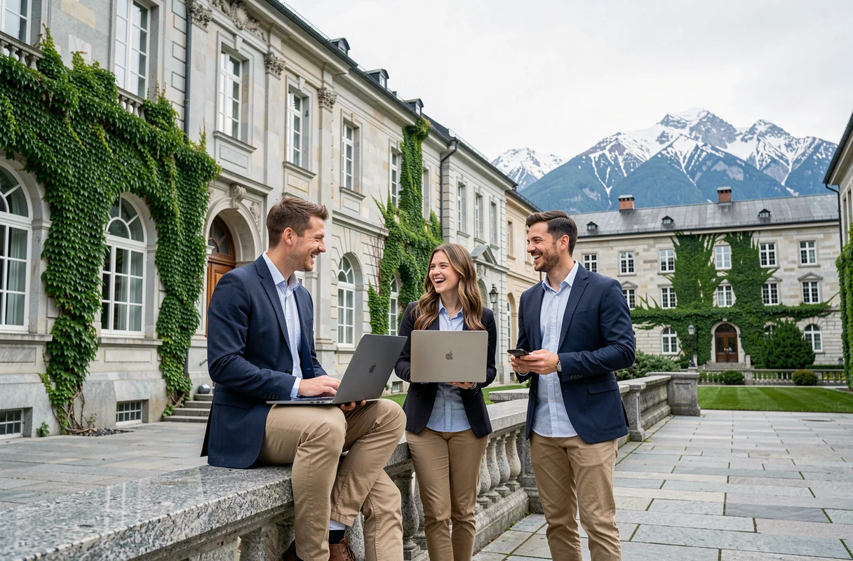 Groupe d'étudiants internationaux discutant sur le campus historique d'une université suisse