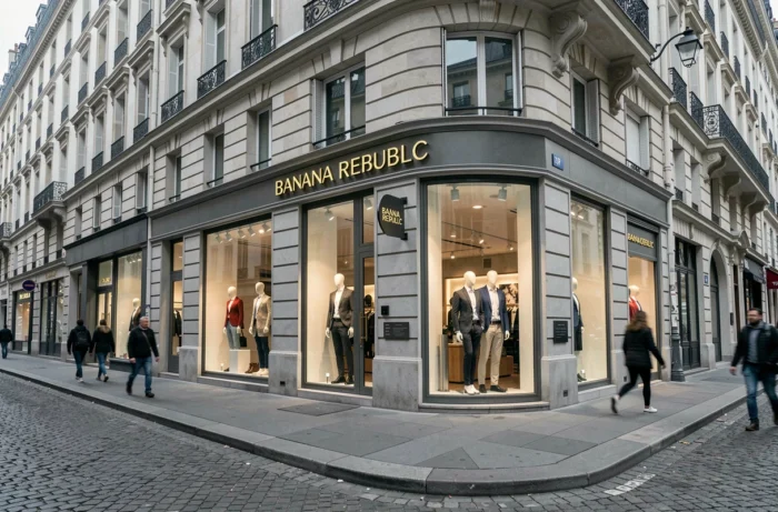 Façade extérieure d'un magasin Banana Republic sur un boulevard parisien avec vitrines et architecture haussmannienne