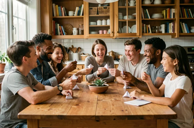 Famille réunie autour d'une table jouant avec des cocottes en papier