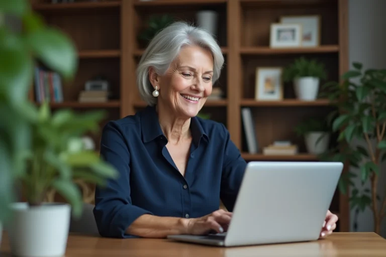 Femme élégante de 60 ans souriant devant son ordinateur portable sur un site de rencontre haut de gamme