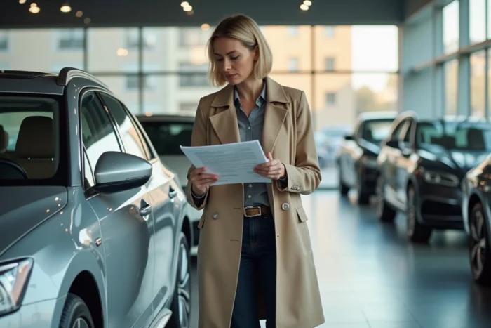 Femme examinant une brochure lors de l'achat d'une voiture dans une concession automobile moderne