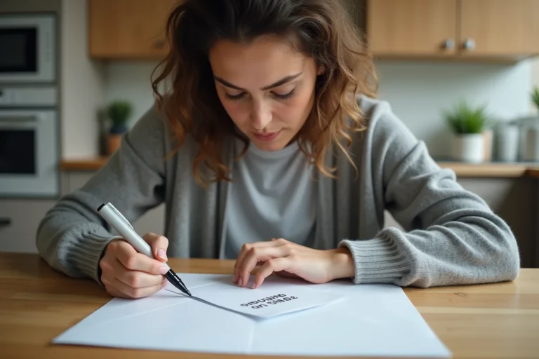 Femme barrant une adresse sur une enveloppe avec un marqueur noir pour réexpédier du courrier