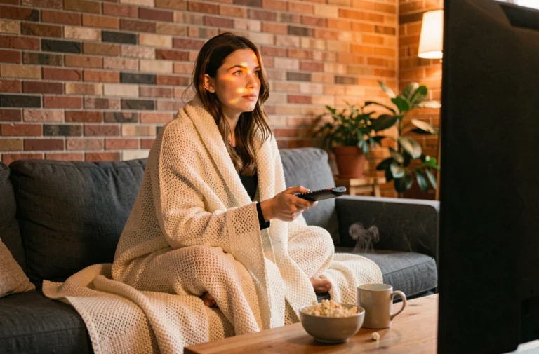 Jeune femme enveloppée dans un plaid regardant une série sur son téléviseur dans un salon cosy avec mur en briques apparentes