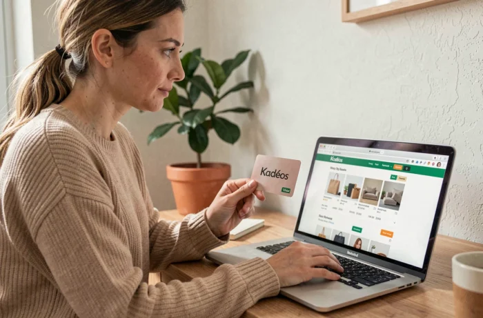 Femme utilisant une carte cadeau Kadéos pour faire un achat sur Amazon depuis un bureau à domicile