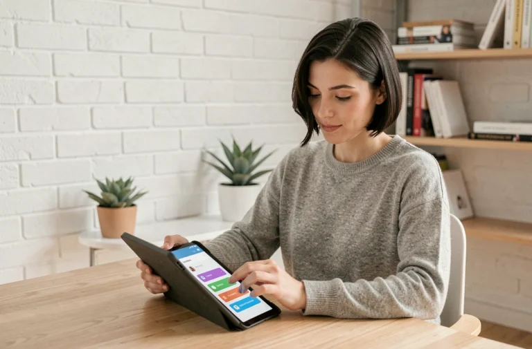Femme découvrant les nouveautés d'Owly Mary sur une tablette dans un bureau minimaliste