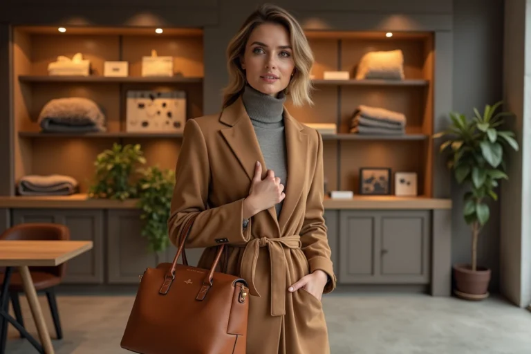 Femme élégante tenant un sac en cuir structuré dans une boutique de mode moderne avec des accessoires tendance en arrière-plan