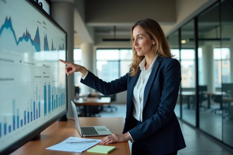 Femme entrepreneuse présentant des données de startup sur un tableau numérique dans un espace de coworking moderne en 2024
