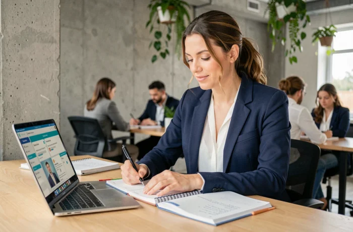 Femme professionnelle suivant une formation en ligne dans un espace de coworking moderne