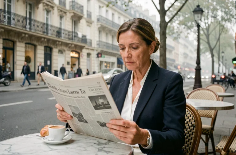Femme lisant un journal en terrasse de café à Paris, actualités françaises du quotidien