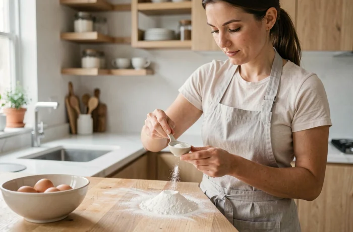 Femme mesurant de la levure chimique dans une cuisine moderne en bois, illustrant la question de la prise de poids liée à la levure chimique