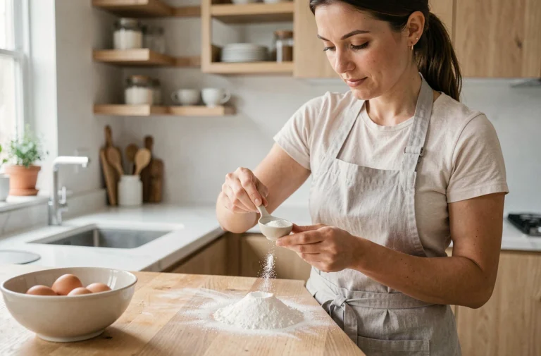 Femme mesurant de la levure chimique dans une cuisine moderne en bois, illustrant la question de la prise de poids liée à la levure chimique