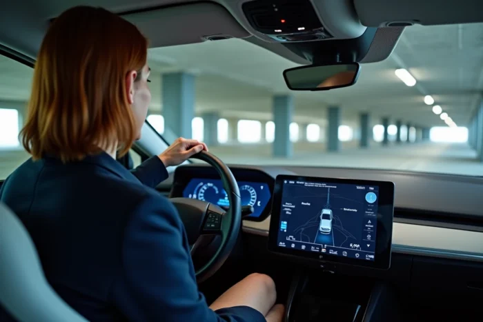 Femme utilisant le mode de conduite autonome dans un véhicule électrique premium