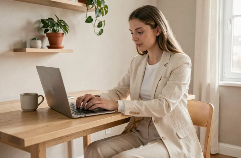 Jeune femme élégante en blazer crème consultant les dernières tendances de la mode sur son ordinateur portable dans un appartement scandinave minimaliste