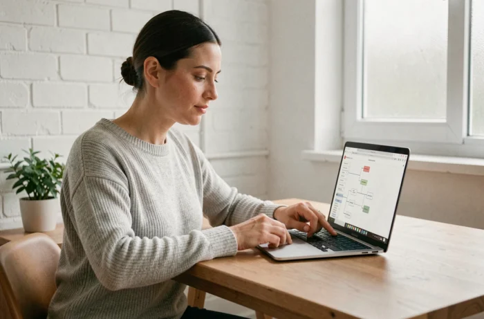 Femme naviguant sur un plan de site web sur un ordinateur portable dans un bureau minimaliste