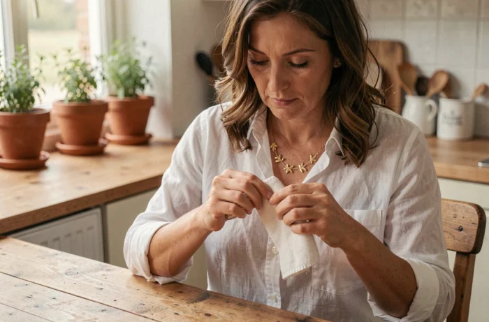 Femme entretenant un collier en or végétal avec un chiffon microfibre dans une cuisine chaleureuse aux tons naturels