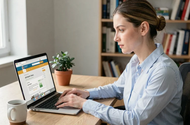 Femme cherchant un emploi en ligne depuis son bureau à domicile avec un ordinateur portable