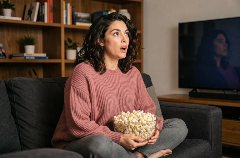 Jeune femme captivée devant sa télévision en regardant une série, assise sur un canapé gris avec du popcorn, ambiance cinéma à domicile