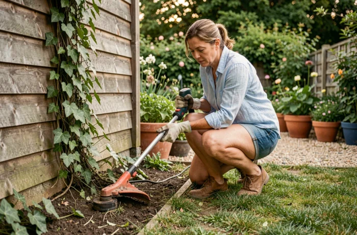 Femme utilisant un rotofil électrique pour désherber au pied d'un abri de jardin en bois entouré de plantes