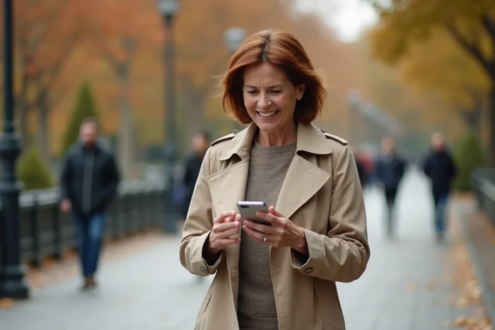 Femme senior souriante consultant une application de rencontre sur son smartphone lors d'une promenade en ville