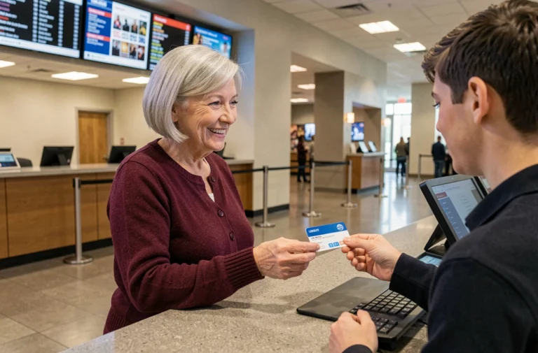 Une femme senior souriante achetant un billet de cinéma à tarif réduit au guichet d'un multiplexe moderne