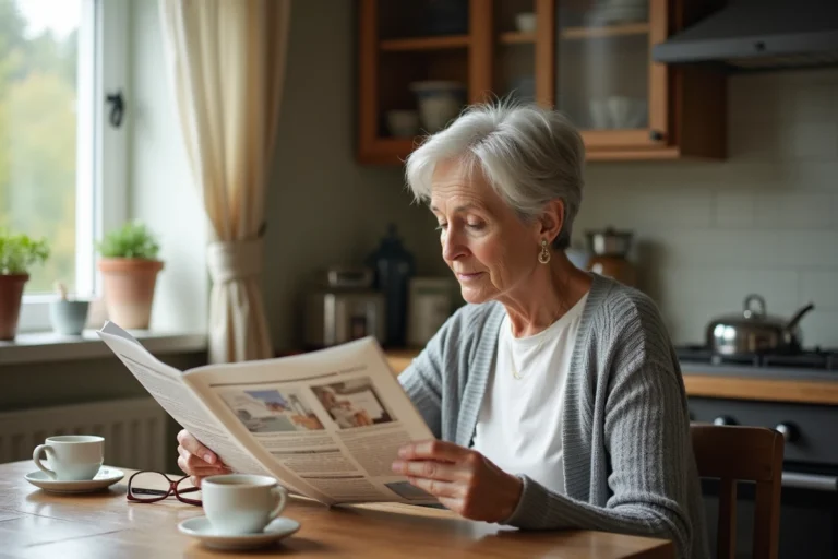 Femme senior lisant un abonnement magazine Le Fil des Ans à la table de cuisine