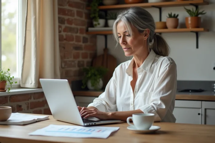 Femme gérant sa stratégie de diversification de portefeuille avec des cryptomonnaies et la blockchain depuis son espace de travail à domicile