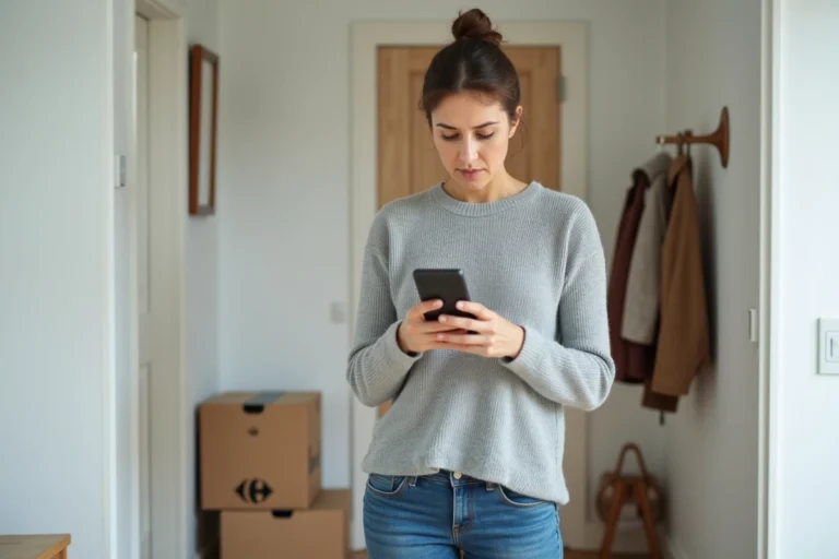 Femme vérifiant le suivi de sa commande Carrefour sur smartphone en attendant une livraison en retard