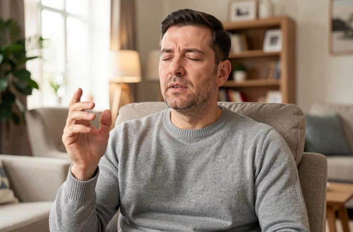 Homme les yeux fermés décrivant la pièce de mémoire avec concentration