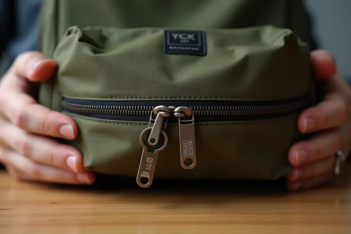 Gros plan sur une fermeture éclair marquée YKK et estampillée Eastpak sur un sac à dos