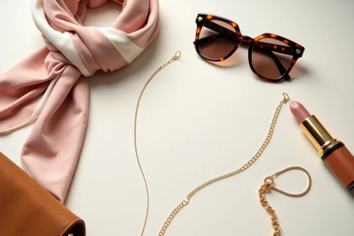 Flat lay d'accessoires de mode tendance incluant lunettes, foulard en soie, collier doré et sac en daim sur fond de lin