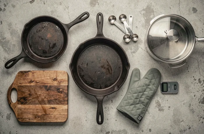Flat lay des ustensiles de cuisine essentiels sur surface en béton gris pour un guide d'équipement 2024